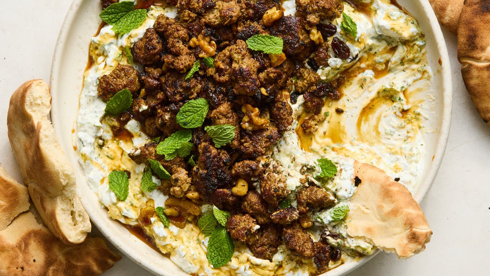 Smashed Beef Kebab with Cucumber Yogurt